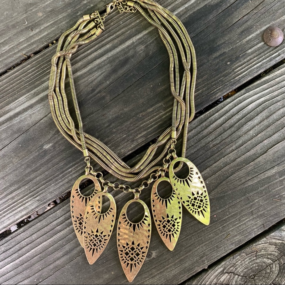 Gold/brass accent necklace rope strands pendants sun star boho design vintage